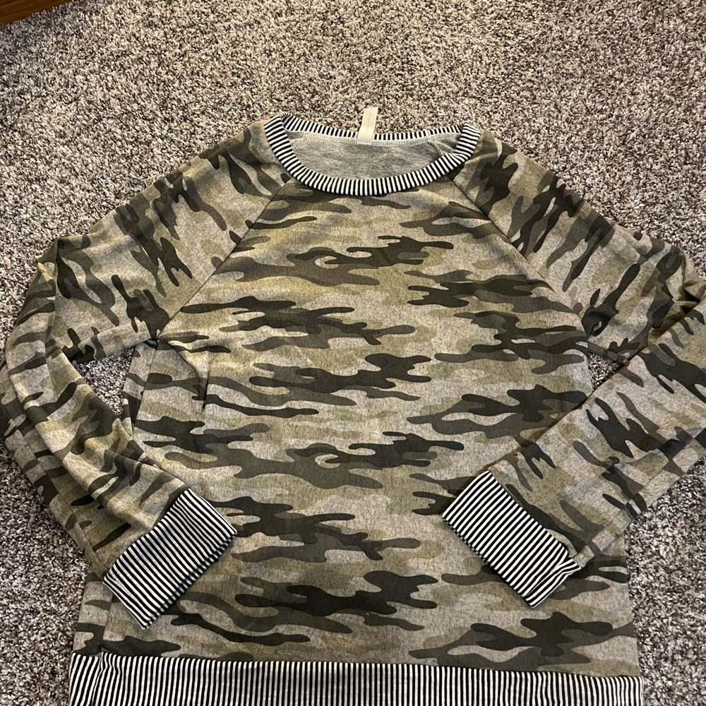 Camo Print Long Sleeve Sweater with Striped Trim